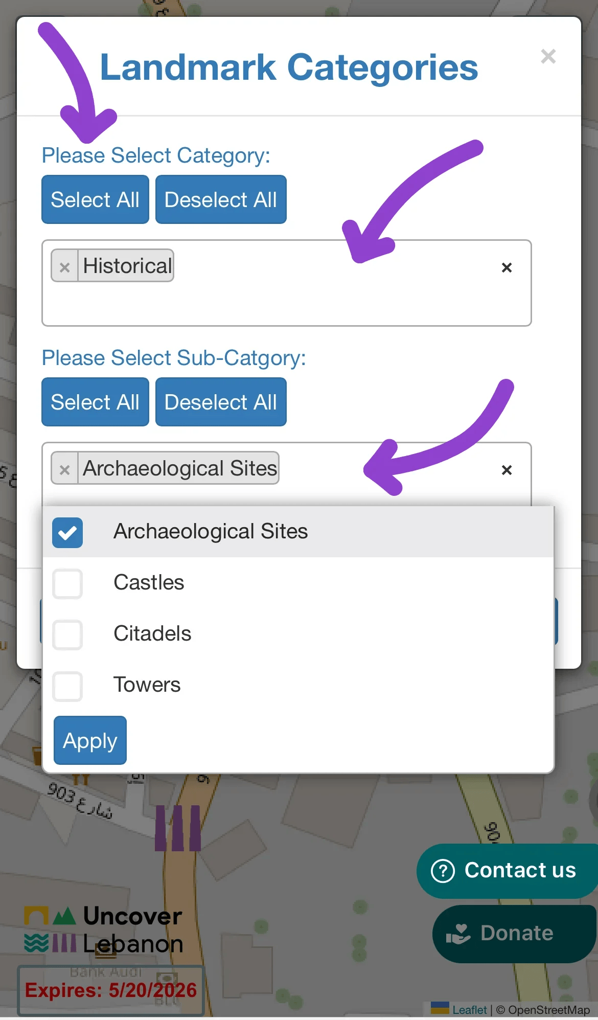Landmark Categories Popup